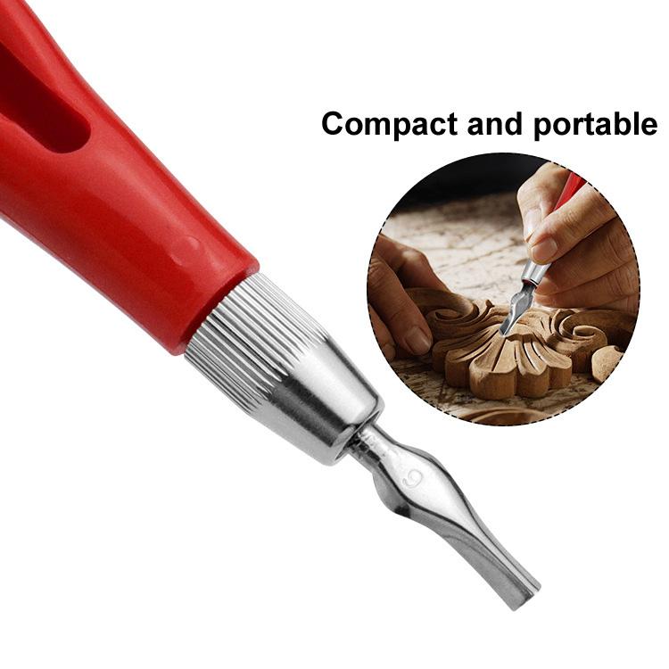 Compact red-handled engraving knife with silver ferrule and metal carving blade