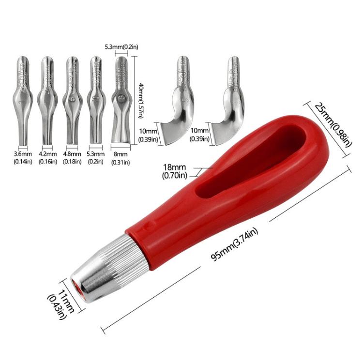 Red-handled engraving knife with silver ferrule and multiple silver blade tips