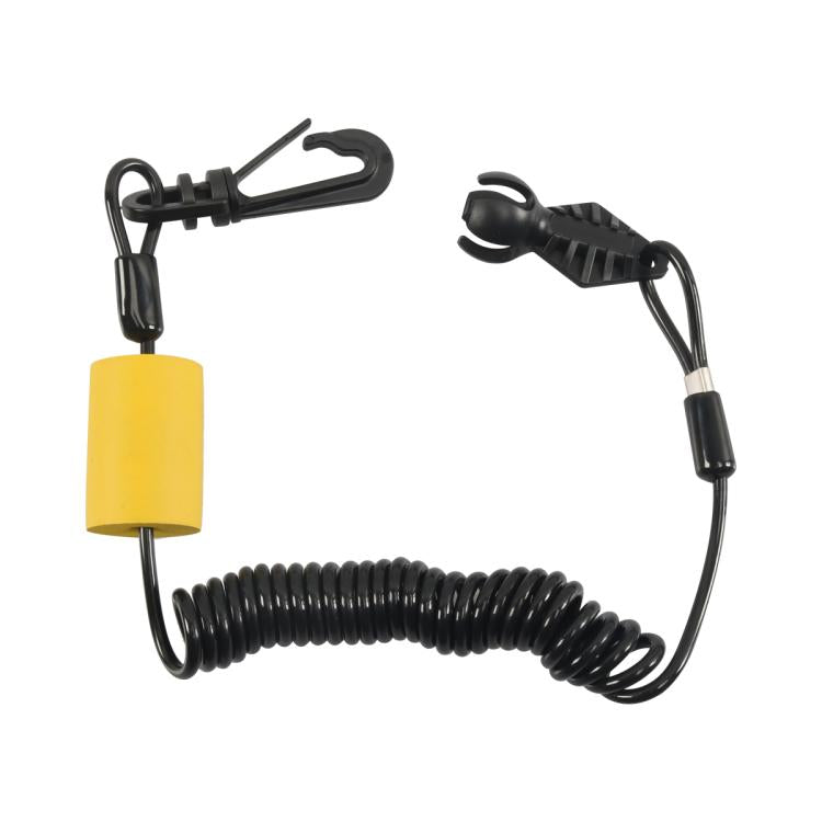 Floating key lanyard with black coiled cord and yellow foam safety float