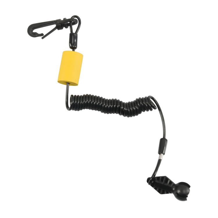 Floating key lanyard with yellow foam float, black coiled cord, carabiner clip