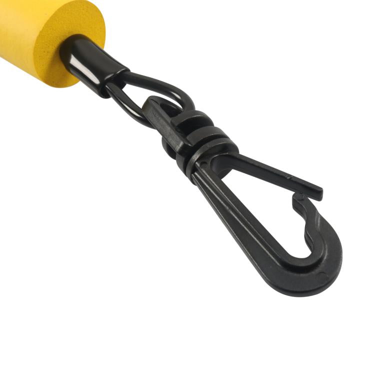 Black key clip with open hook attached to yellow foam float and lanyard