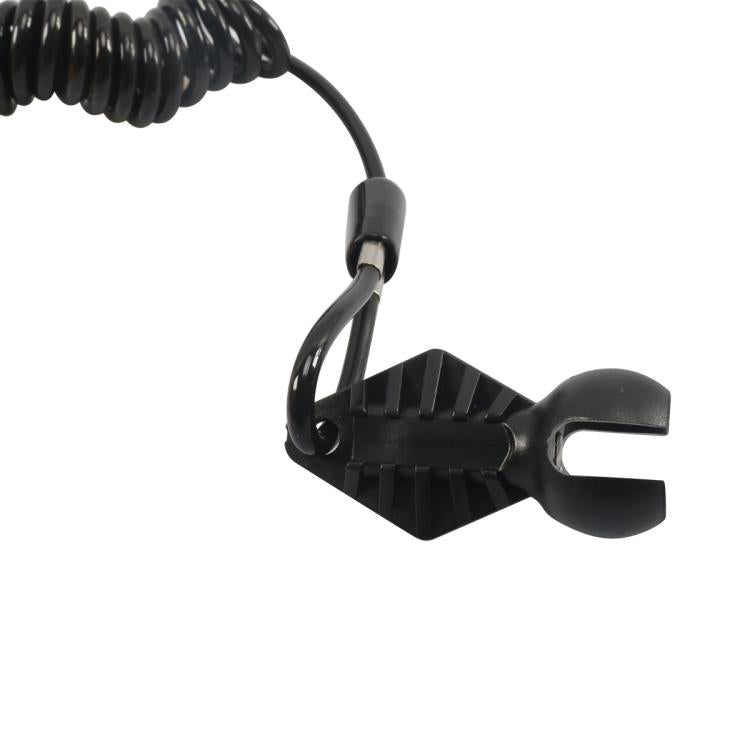 Black lanyard clip on coiled cord with connected safety float