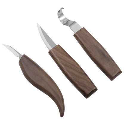 Wood carving scraper knife set of 3, curved blades with dark wood handles