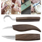 Wood carving knife set with three curved blades and wooden handles