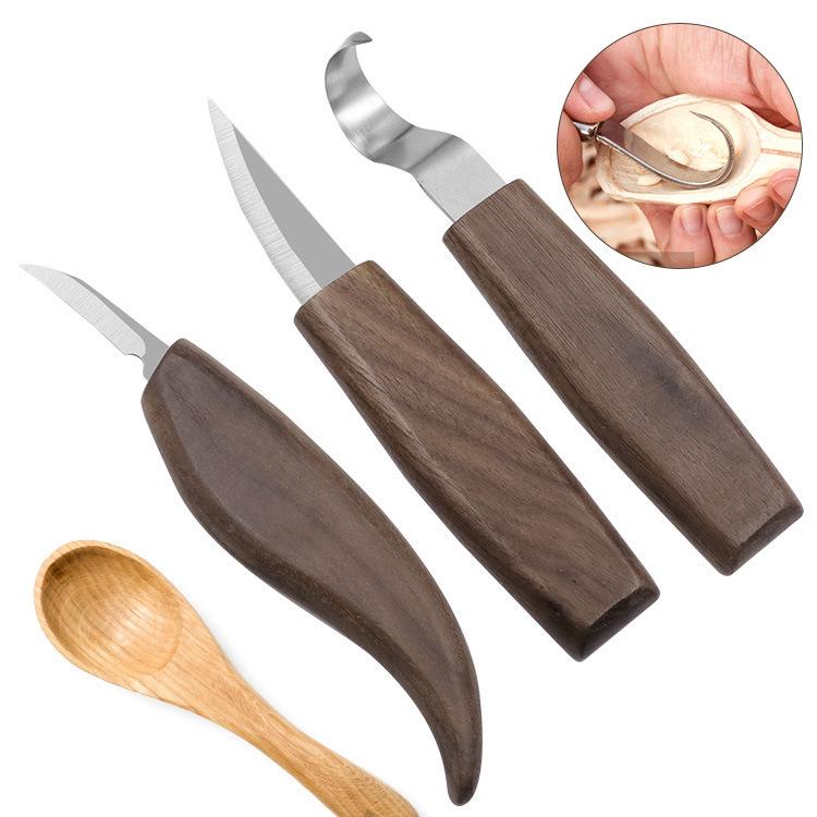 Wood carving knife set of 3 with curved scooping blades and dark wood handles