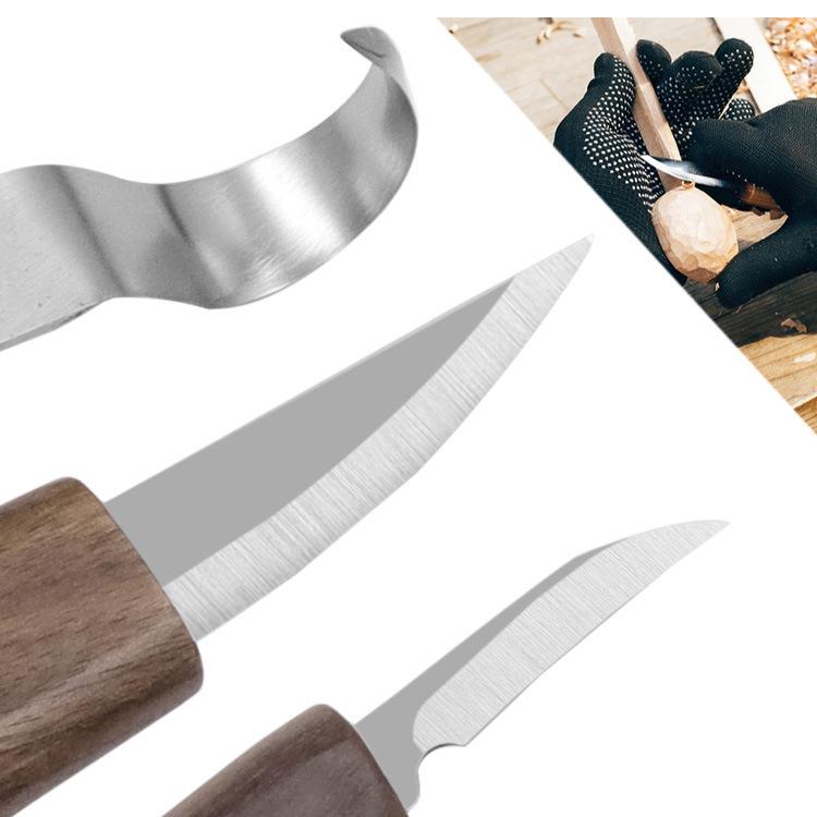 Wood carving scraper knives with polished metal curved blades and wood handles