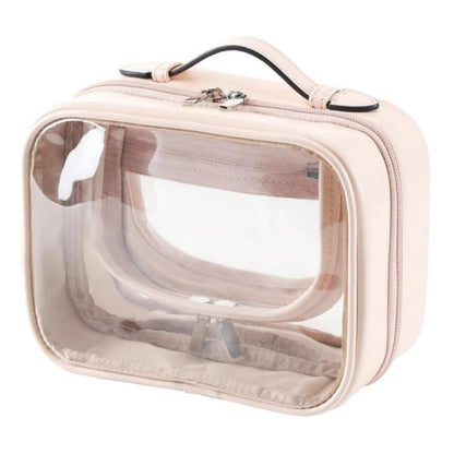 Pink transparent waterproof makeup bag with zipper and top handle for handheld travel