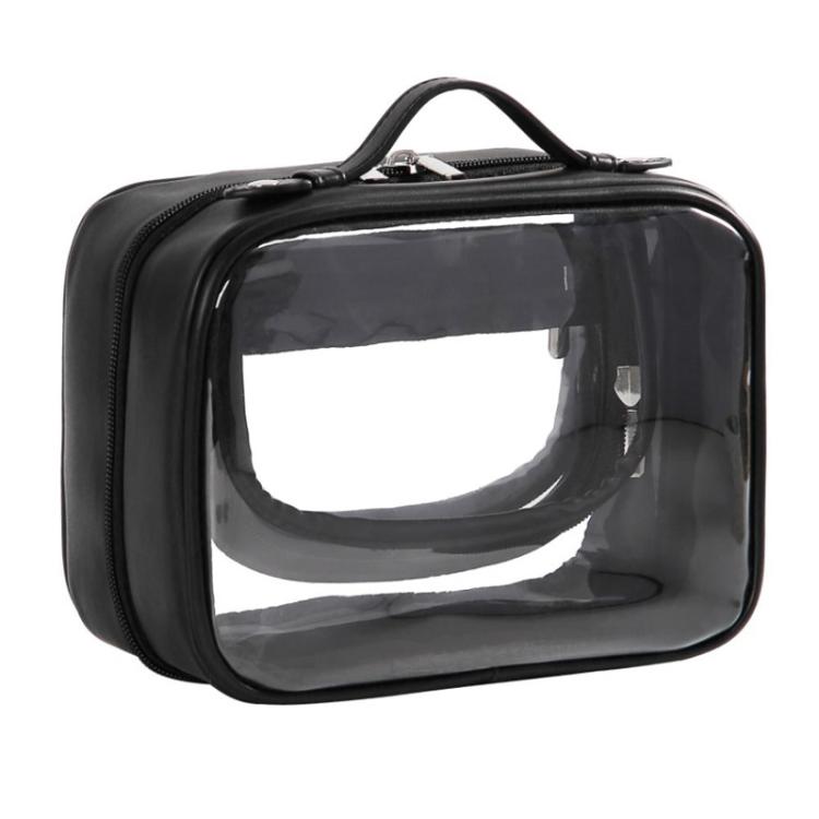 Black transparent waterproof makeup bag with zipper and top handle for handheld travel