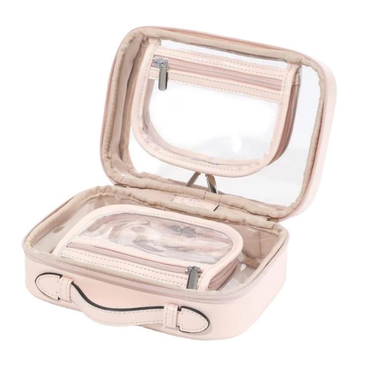 Pink makeup organizer bag open with clear zip pouch and interior compartments