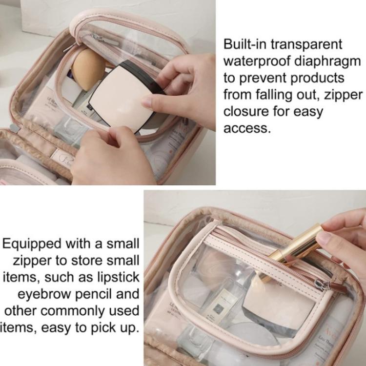 Pink transparent makeup bag open with clear waterproof compartments and zip closure