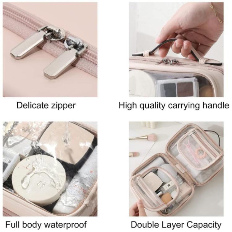 Detail of pink transparent makeup bag zipper and metal pull with carrying handle
