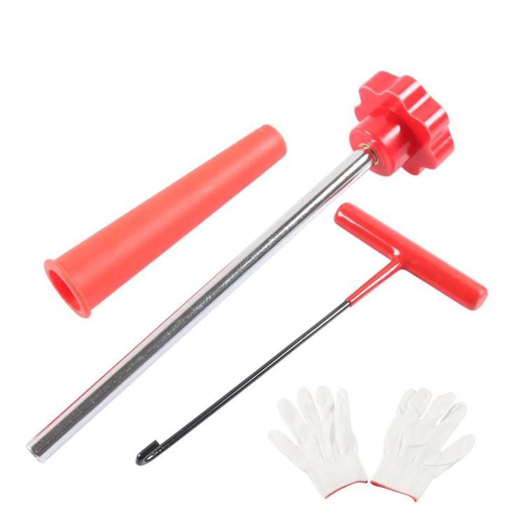 Valve stem tool set with red handle, long probe rod, T-hook, white seal, and gloves