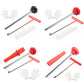 4-piece tire valve stem tool set with colored handles, rods, white seals, and gloves