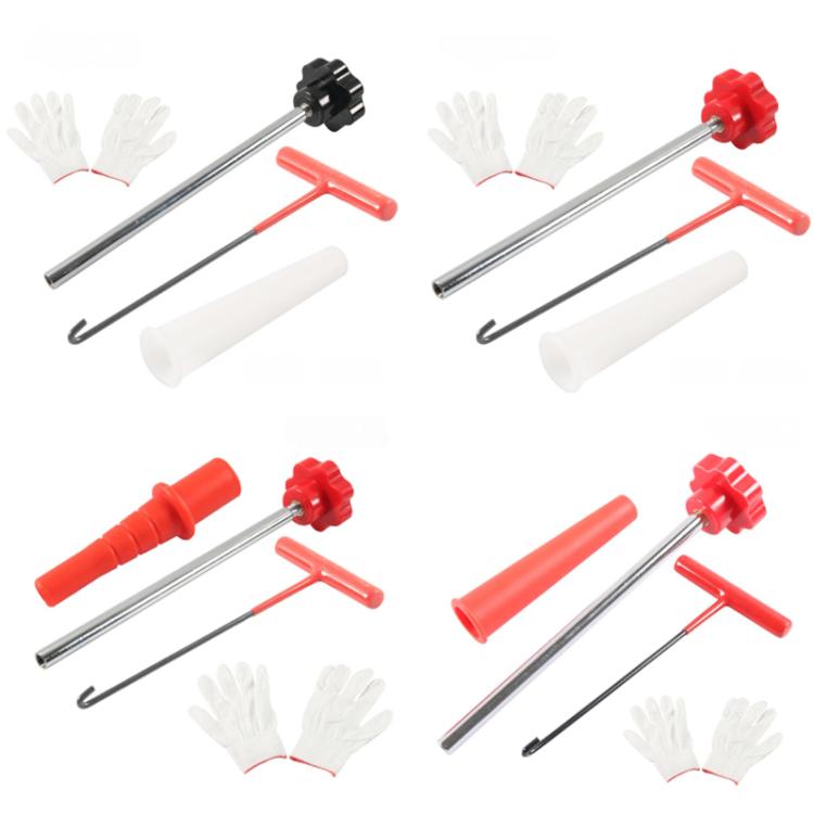 4-piece tire valve stem tool set with colored handles, rods, white seals, and gloves