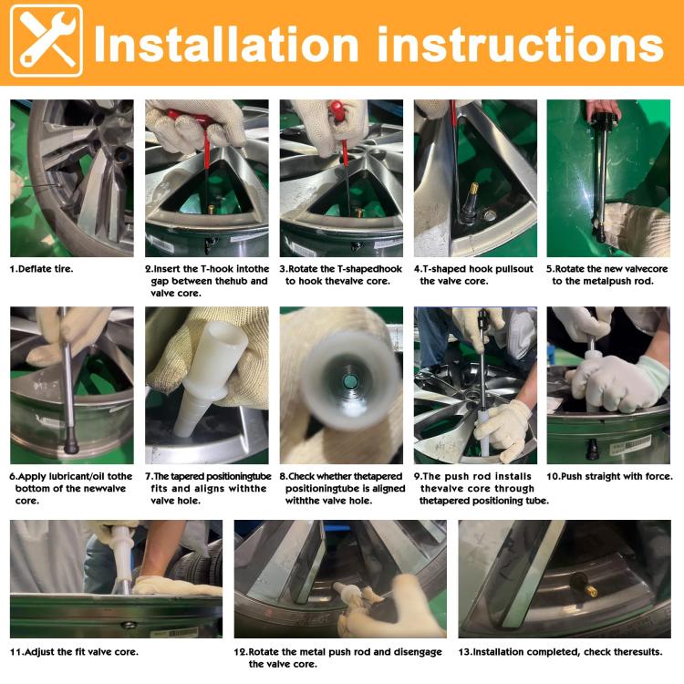 Valve stem installation instructions chart with tire and tool usage steps