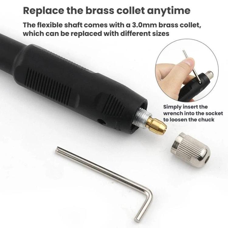 Black flex shaft extension cable with brass collet, hex key, and socket wrench