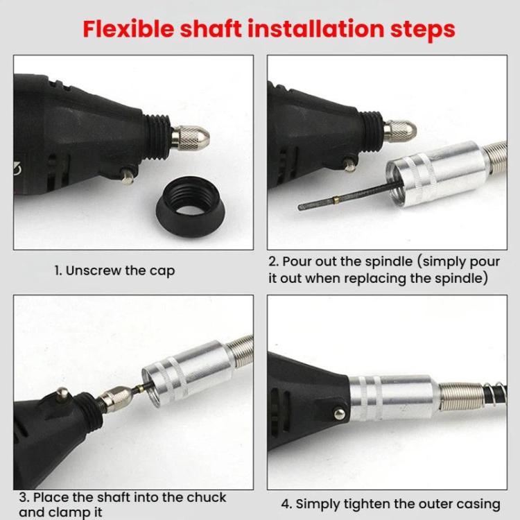 Flexible shaft installation parts: black plug, silver shaft, and outer casing