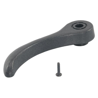 Dark gray curved car seat adjustment handle with screw and round mounting hole.