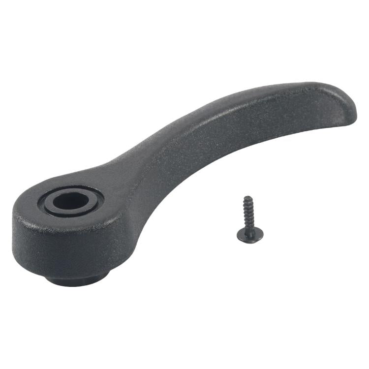 Dark gray car seat adjustment handle with screw and round mounting hole.