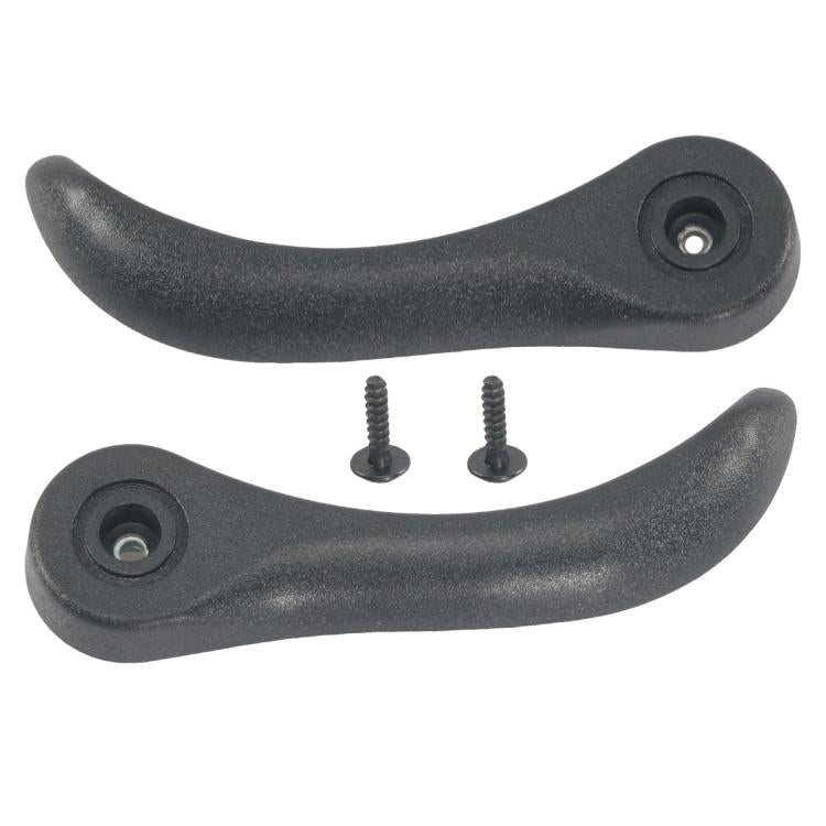 Car seat adjustment handle pair with screws; dark gray curved levers with mounting holes.