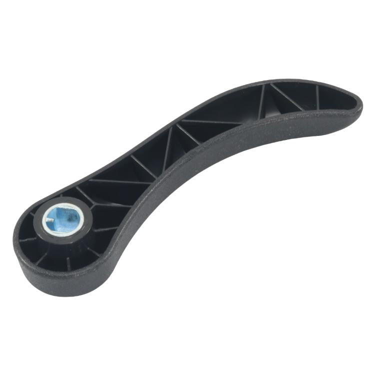 Car seat adjustment handle underside with dark housing and blue insert mounting spot.