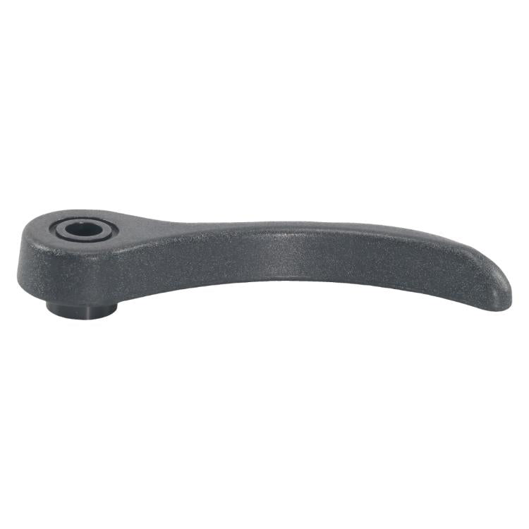 Dark gray car seat adjustment handle with circular mounting hole on top.