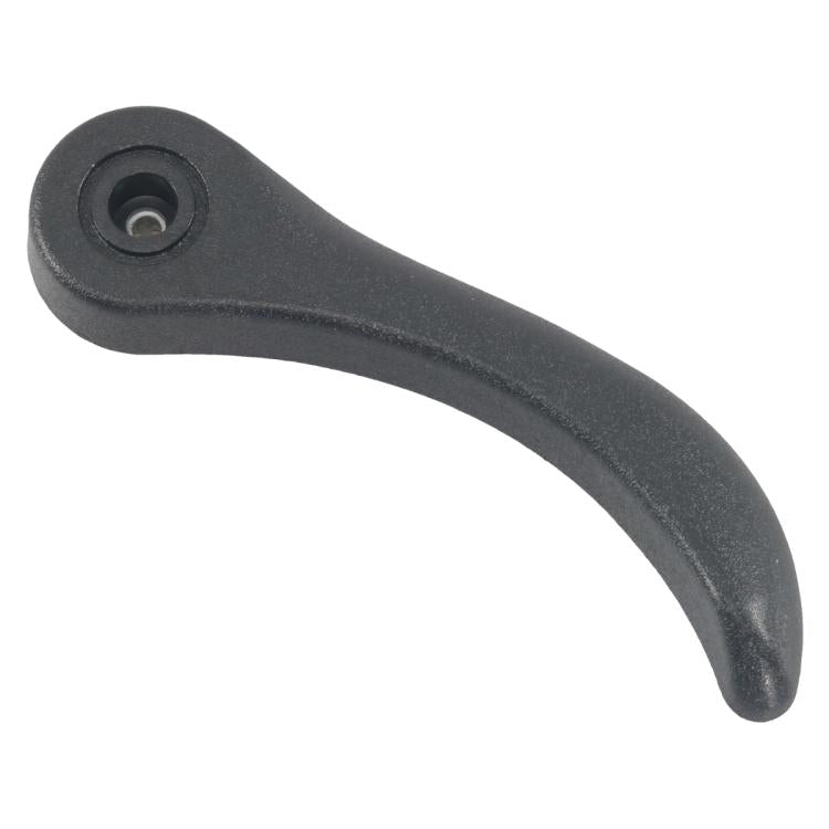 Dark gray curved car seat adjustment handle with screw hole detail and mounting base.