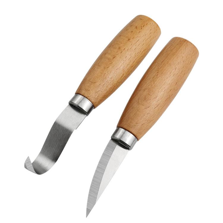 Carving scraper knife set with beech wood handles and curved metal blades, 2-pack