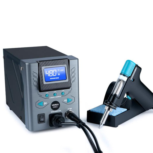 Anti-static desoldering station with blue LCD display and handheld desoldering gun