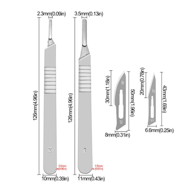 Tool and blade set with size diagrams for handle and blade dimensions
