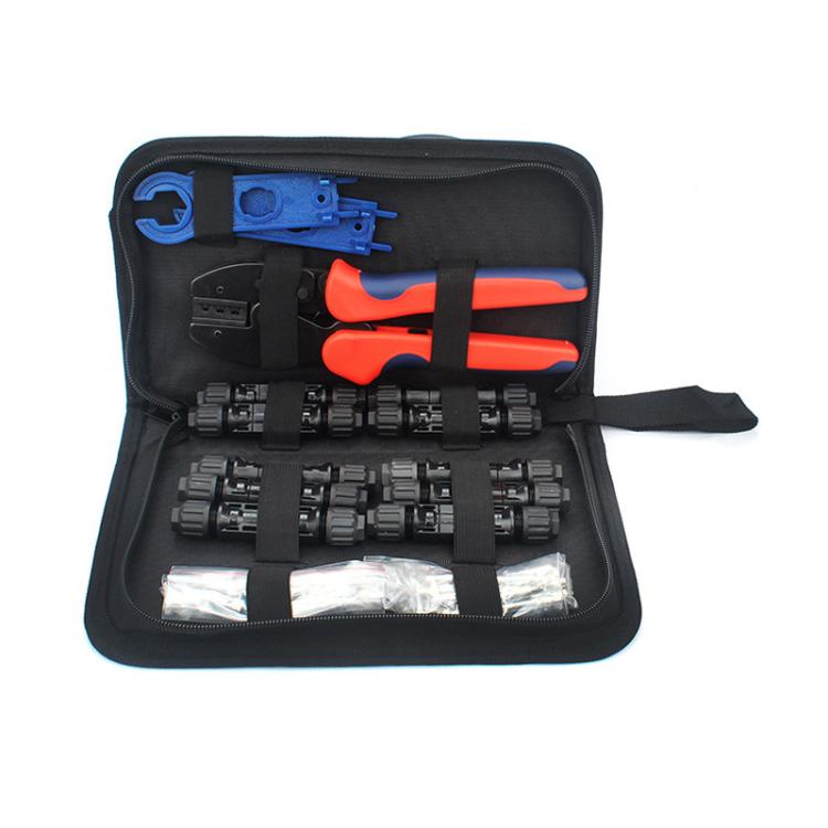 MC4 photovoltaic tool kit in black zip tool bag with orange crimping pliers and connectors