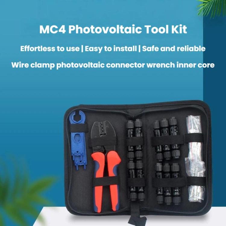 MC4 photovoltaic tool kit case with blue connector wrench and orange-handled crimping pliers