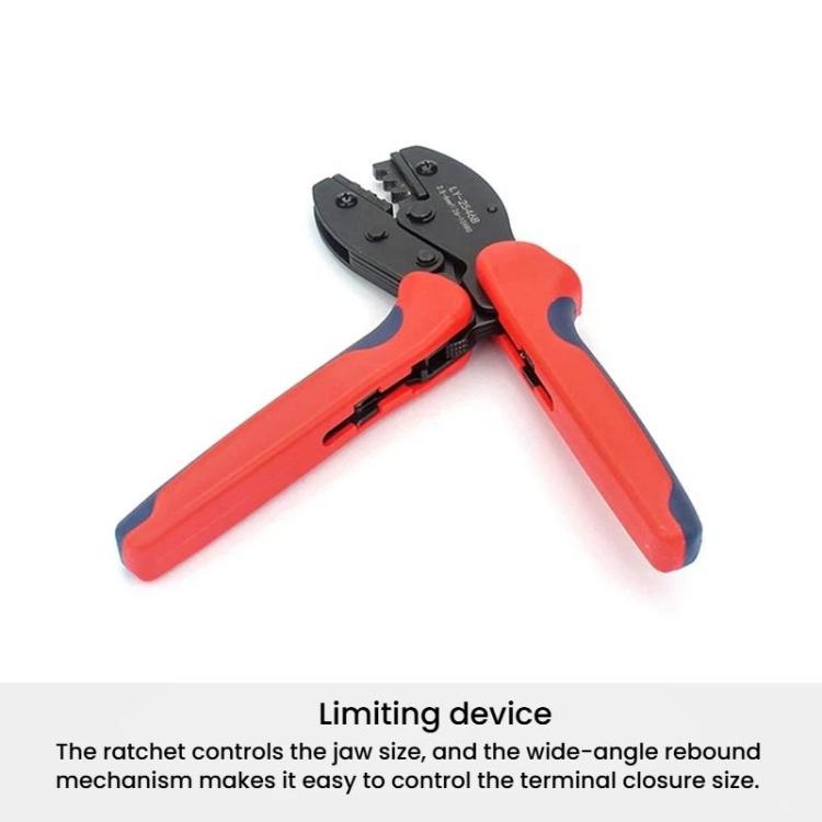 Orange and blue ratcheting crimping pliers with black terminal jaws