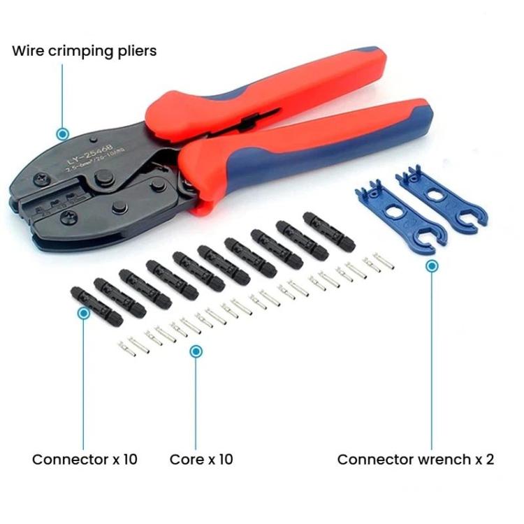 MC4 tool kit components: red wire crimping pliers, connector wrenches, and connection parts
