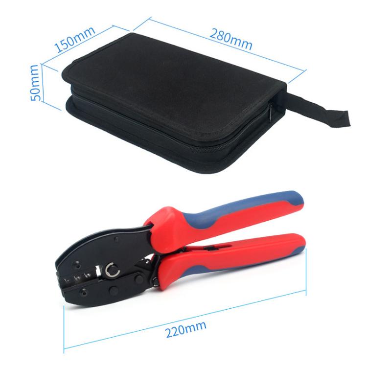 Black zip tool case with orange-and-blue crimping pliers and labeled dimensions