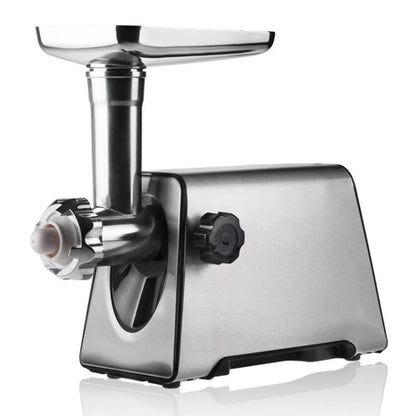 Stainless steel electric meat grinder with sausage stuffer, compact countertop design