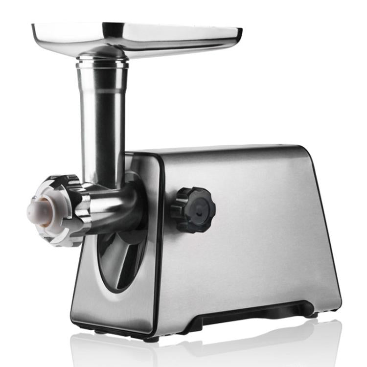 Electric meat grinder with stainless steel feeding tube and side meat chute