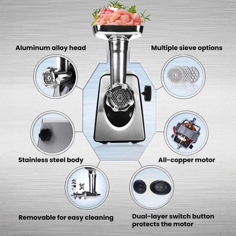 Electric meat grinder with stainless steel body, aluminum head, and multiple sieves