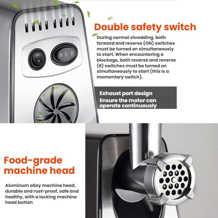 Electric meat grinder with dual safety switch panel and front grinding plate