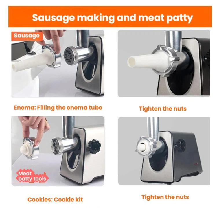 Electric meat grinder shown with sausage stuffer parts and meat patty attachments