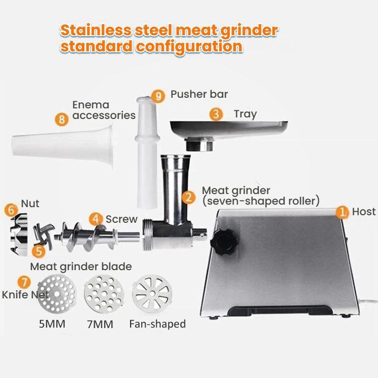 Stainless steel electric meat grinder with tray, screw auger, and blade components