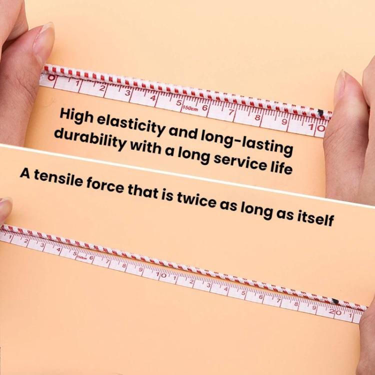 Elastic waistband tape with measuring tape showing length across the striped cord roll
