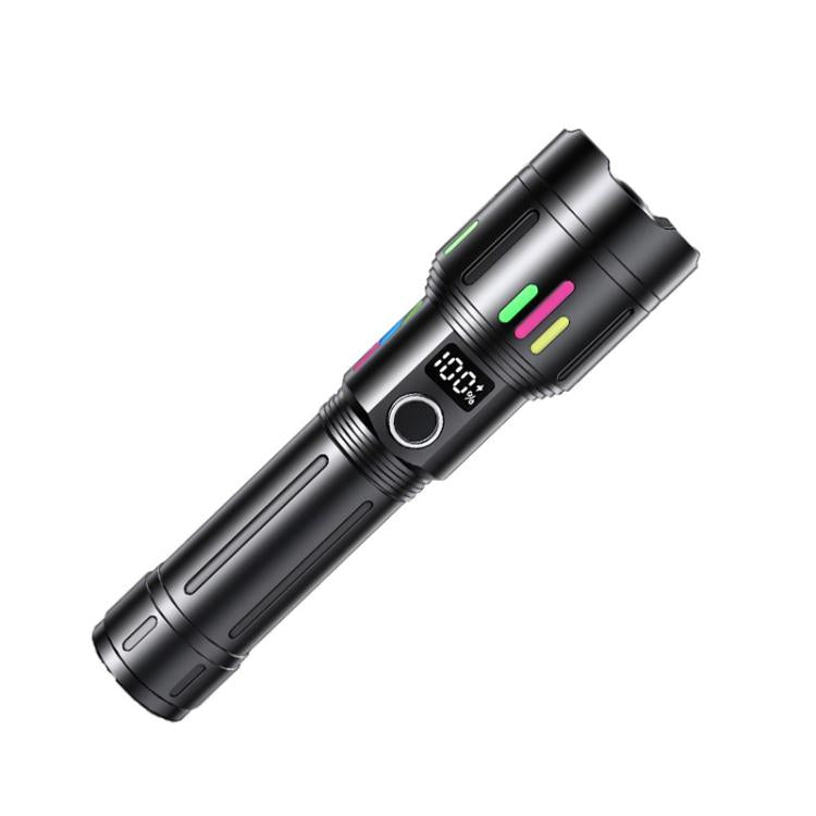 Black rechargeable flashlight with LCD display and multicolor light indicator bars