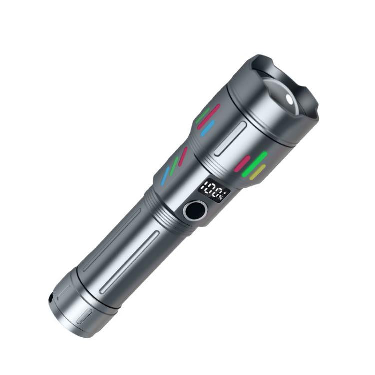Silver gray rechargeable flashlight with LCD display and multicolor indicator bars