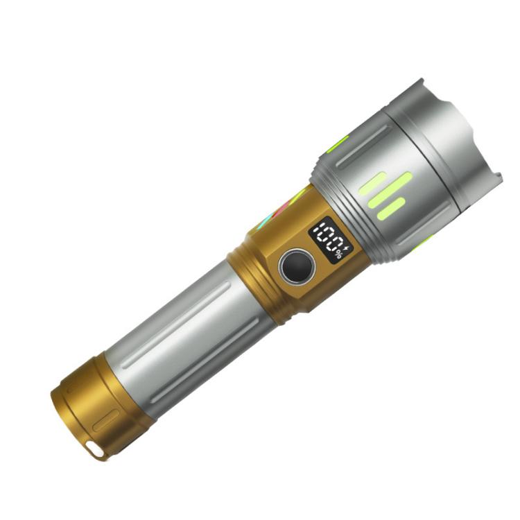 Gold and silver rechargeable flashlight with LCD display and multicolor indicator bars
