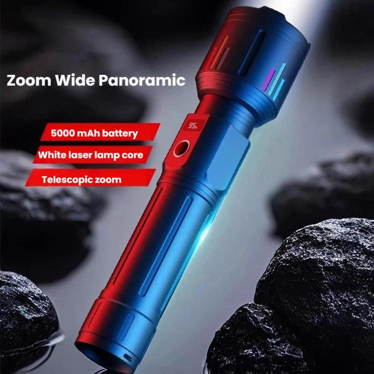 Blue and red rechargeable flashlight with multicolor indicator bars and metal body