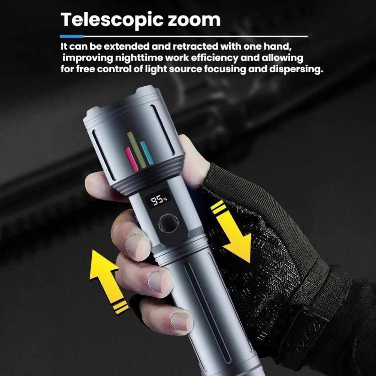 Silver rechargeable flashlight with telescopic head and LCD button on the handle