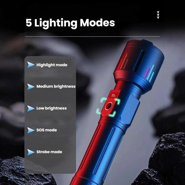 Two-tone blue and red flashlight with multicolor indicator bars and LCD level screen