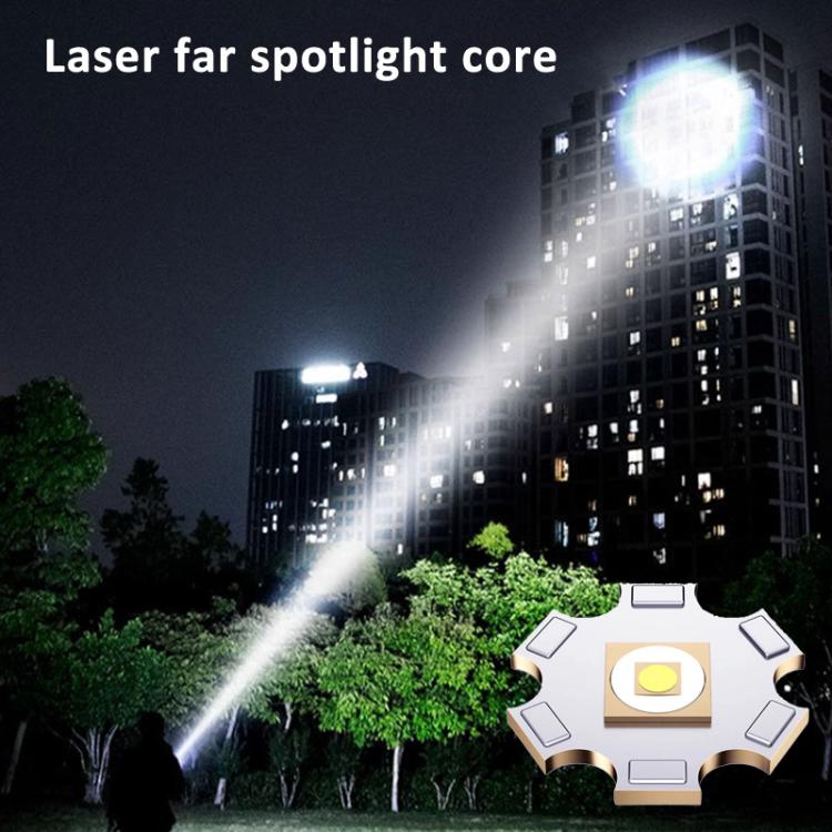 Flashlight spotlight beam shining from the front over a city building facade