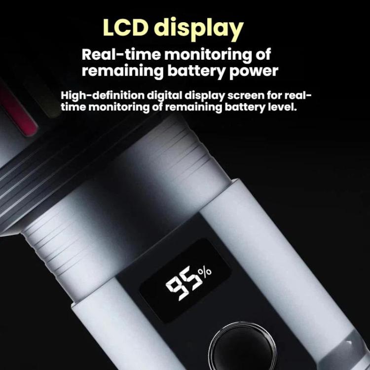 White and black flashlight handle with LCD display showing battery level percentage